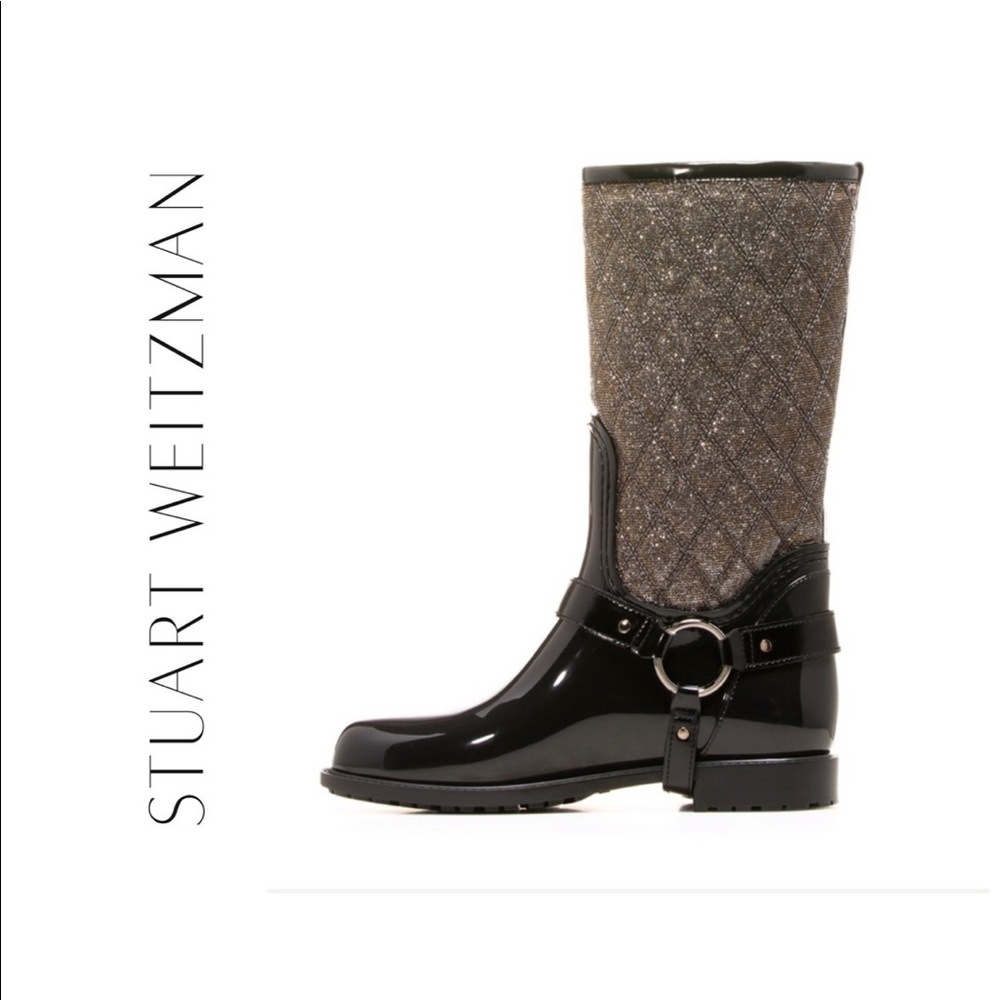 Stuart Weitzman gold quilted stirrup rainboot